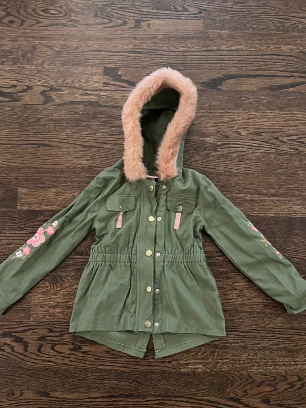 Little Lass Girls Size 6 Olive Green Cargo Utility Jacket Hooded Fur Flower